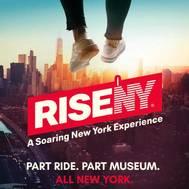 RiseNY logo with feet dangling in front of the NYC skyline