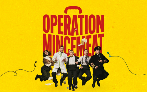 The cast of Operation Mincemeat jumping against the title and a yellow background