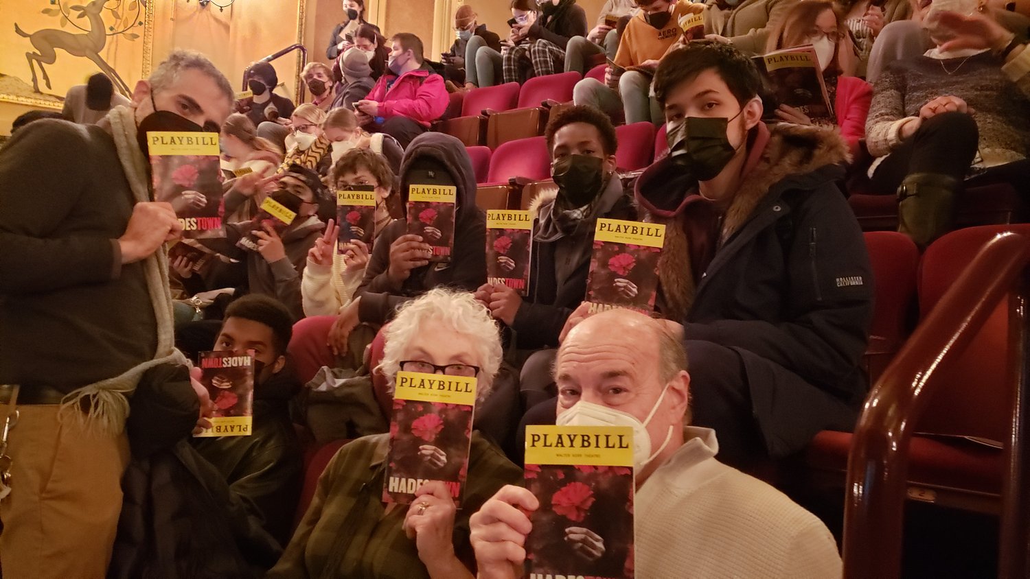 TDF mentors Caitlin O'Connell and Peter Friedman and their Wendy Wasserstein Project students at Hadestown