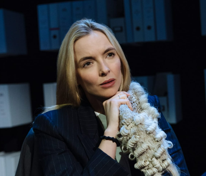 Jodie Comer in her award-winning performance in the one-woman play Prima Facie, which is streaming courtesy of National Theatre at Home. Photo by Helen Murray.