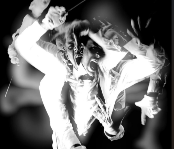 A black-and-white photo of a woman screaming with her face shown from several angles at once