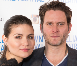 Phillipa Soo and Steven Pasquale posing for pics at an event