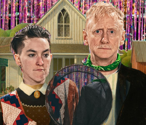 Two performers dressed like American Gothic in front of purple streamers