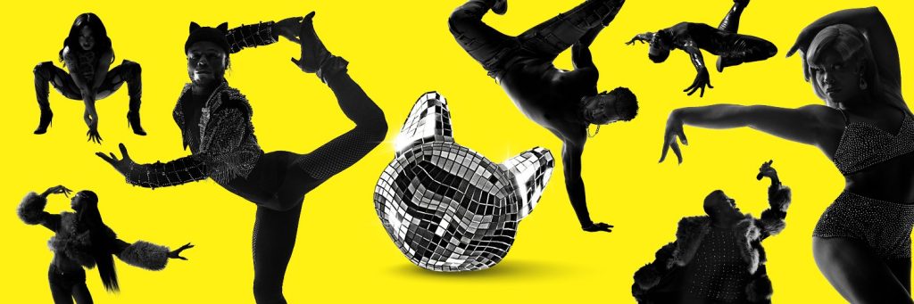 Dancers in various poses around a cathead disco ball
